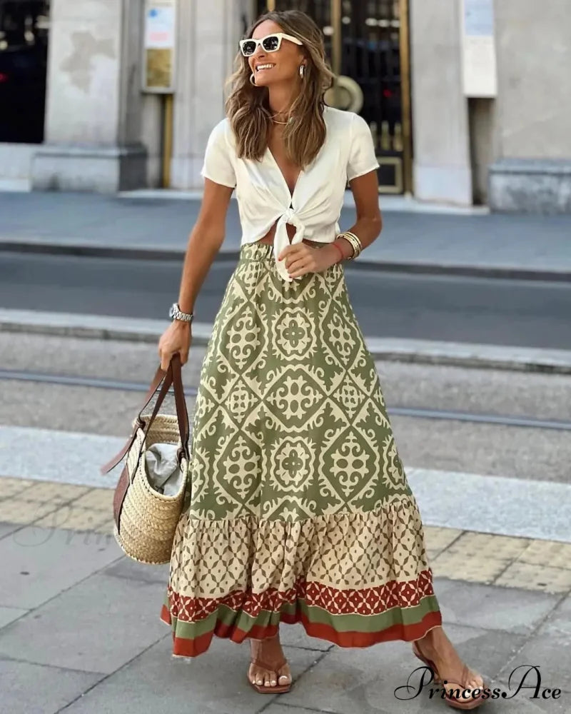 Bohemian Pattern High Waist Maxi Skirt Informal Baggy Summer Skirt Green / S skirt-250126