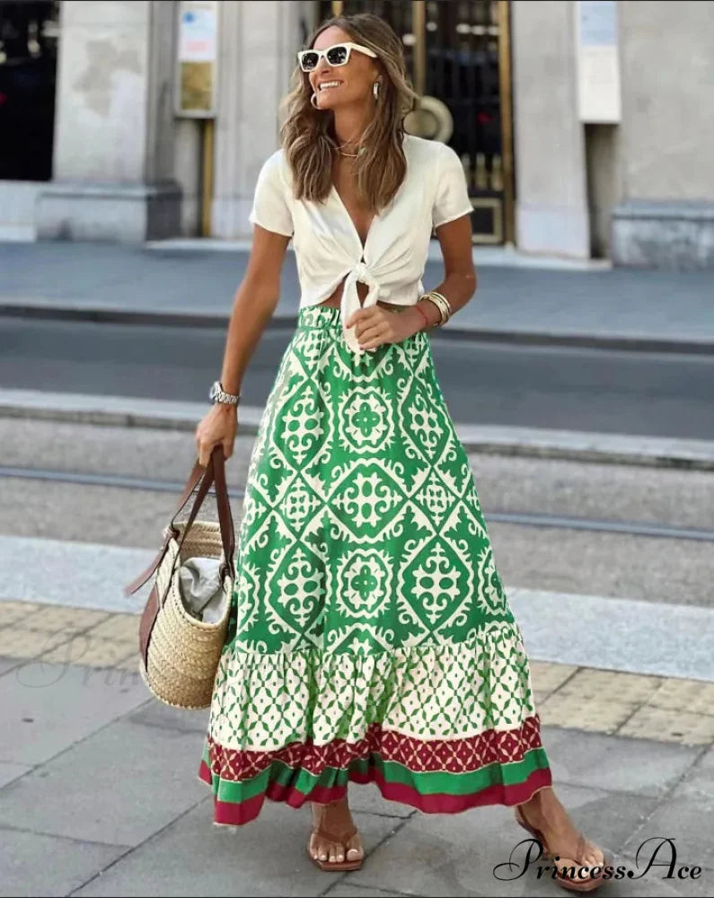 Bohemian Pattern High Waist Maxi Skirt Informal Baggy Summer Skirt Light Green / S skirt-250126