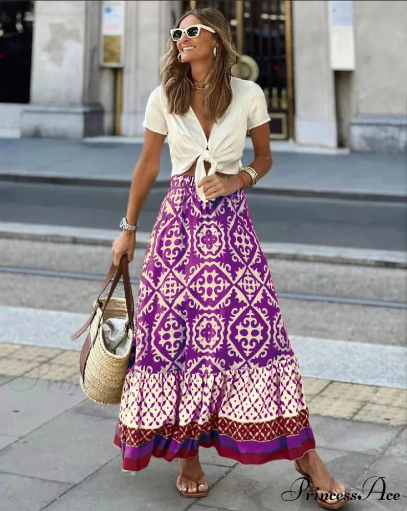 Bohemian Pattern High Waist Maxi Skirt Informal Baggy Summer Skirt PURPLE / S skirt-250126