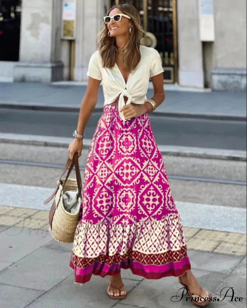 Bohemian Pattern High Waist Maxi Skirt Informal Baggy Summer Skirt Rose Red / S skirt-250126