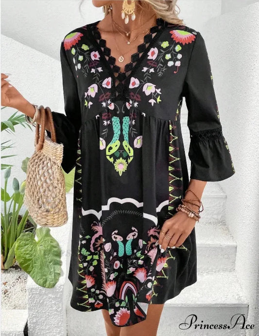 Bohemian Plunging Neckline Flower Celebration Dress Black / S oldfloraldress-250126