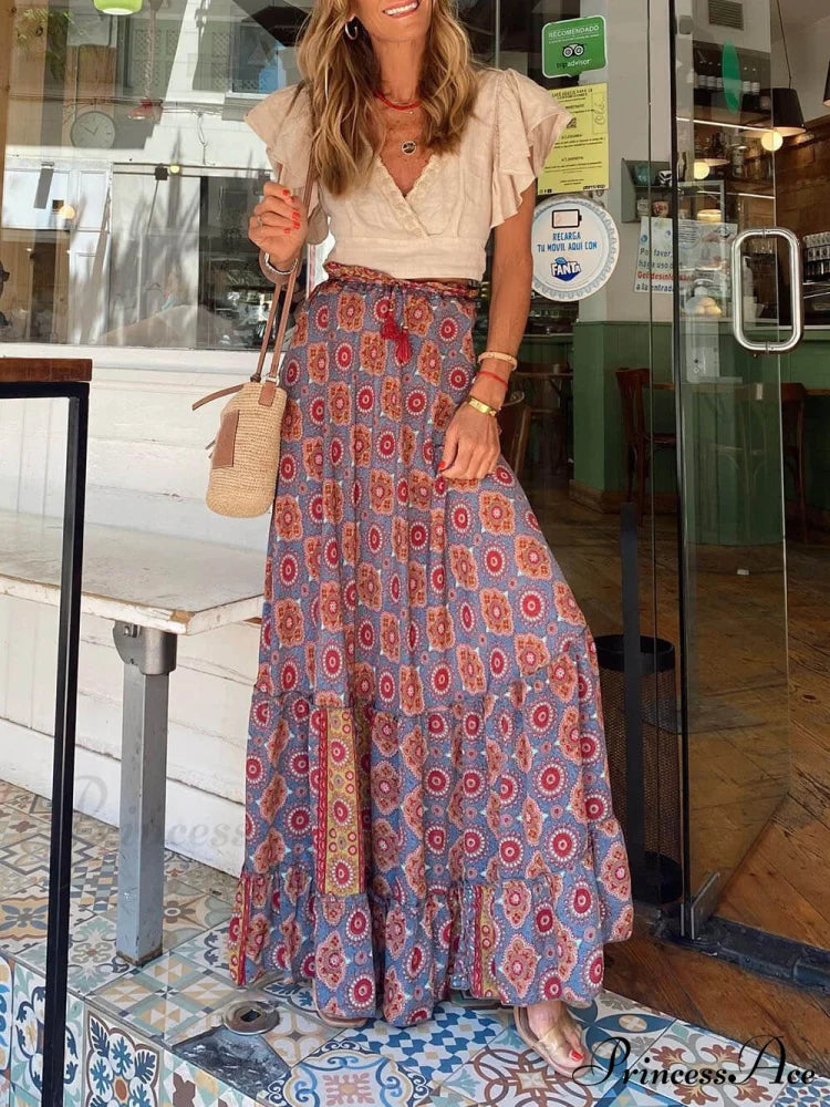 Bohemian Print Elastic Charming Waist Tassel Maxi Skirt