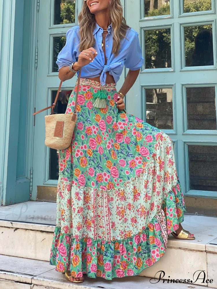 Bohemian Print Elastic Charming Waist Tassel Maxi Skirt
