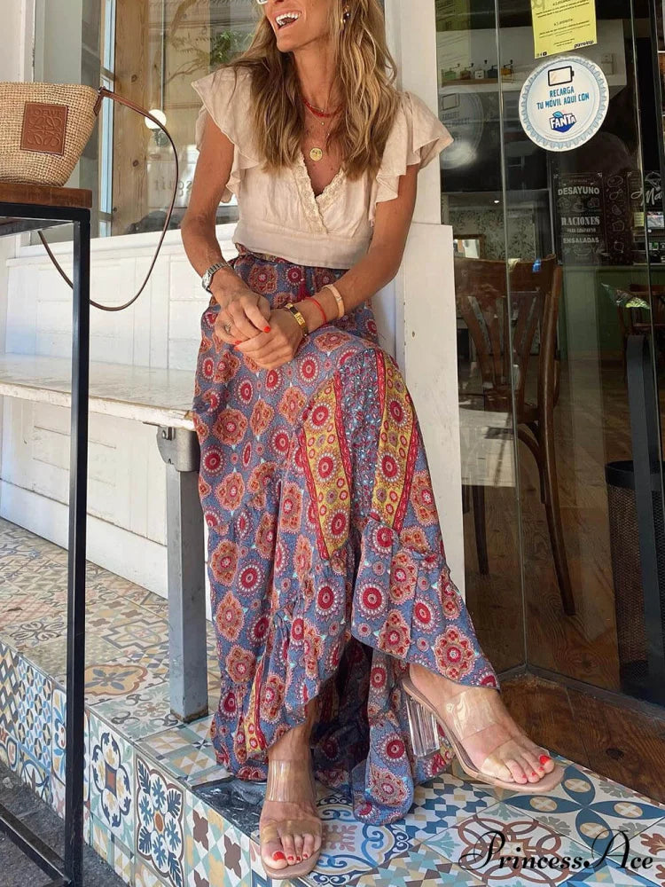 Bohemian Print Elastic Charming Waist Tassel Maxi Skirt