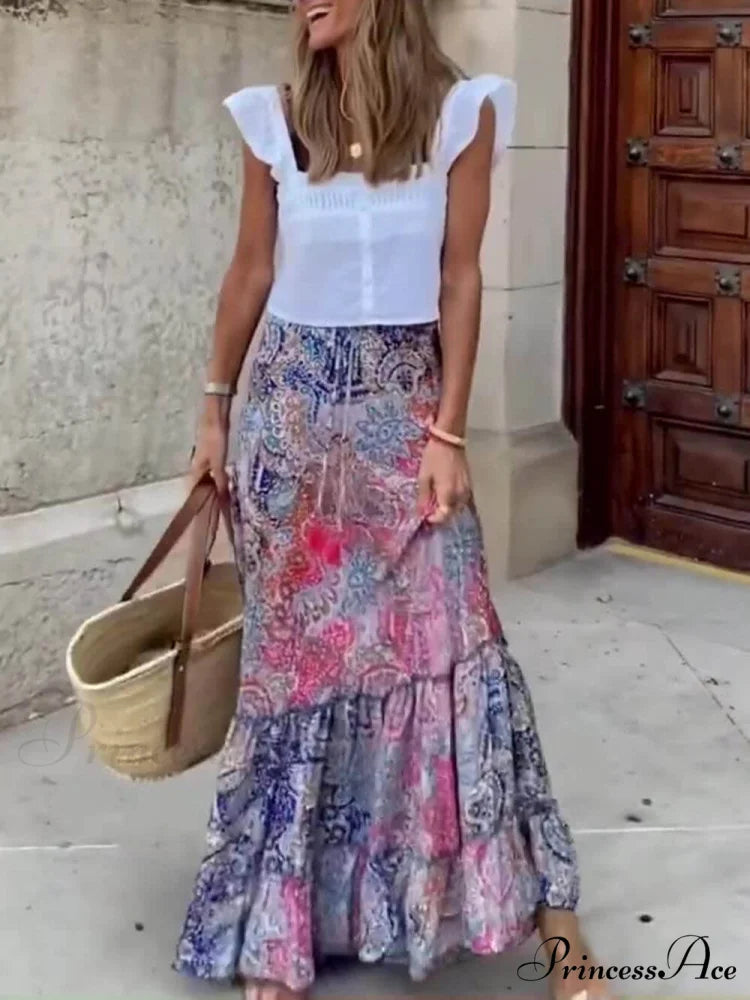 Bohemian Print Elastic Charming Waist Tassel Maxi Skirt