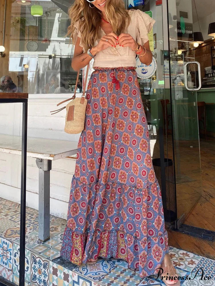 Bohemian Print Elastic Charming Waist Tassel Maxi Skirt Brown / S