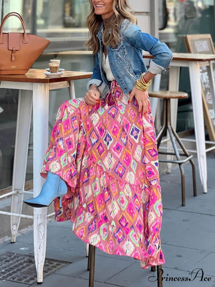 Bohemian Print Elastic Charming Waist Tassel Maxi Skirt Pink / S