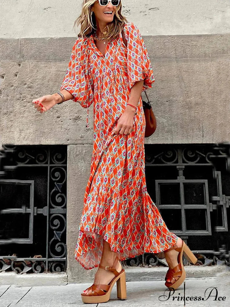 Bohemian Printed Stylish Maxi Dress Orange / S