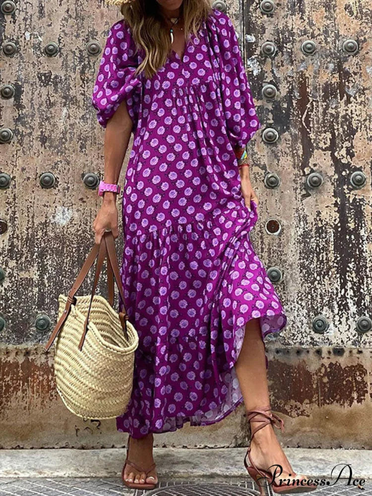 Bohemian Printed Stylish Maxi Dress Purple / S