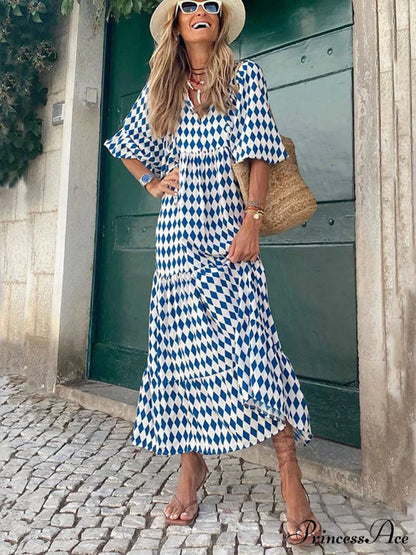Bohemian Printed Stylish Maxi Dress Sky Blue / S