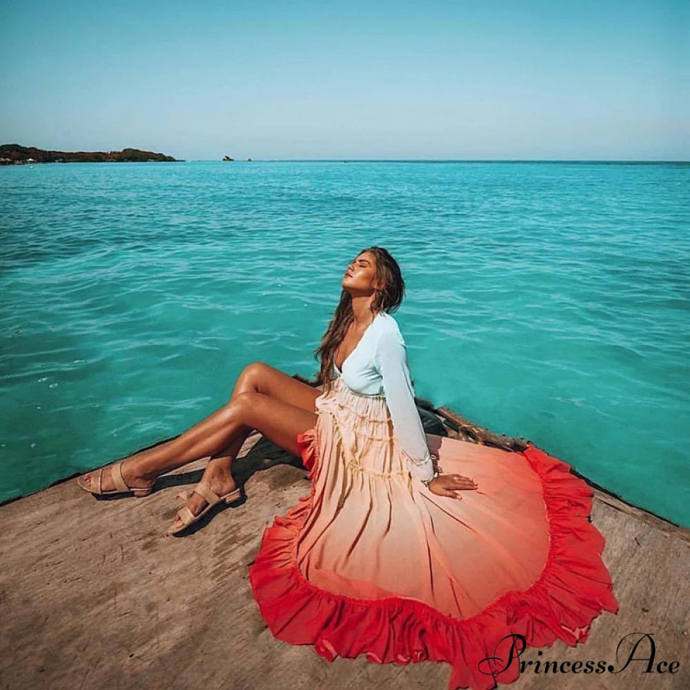 Bohemian Printing Gradient Elegant Maxi Dress