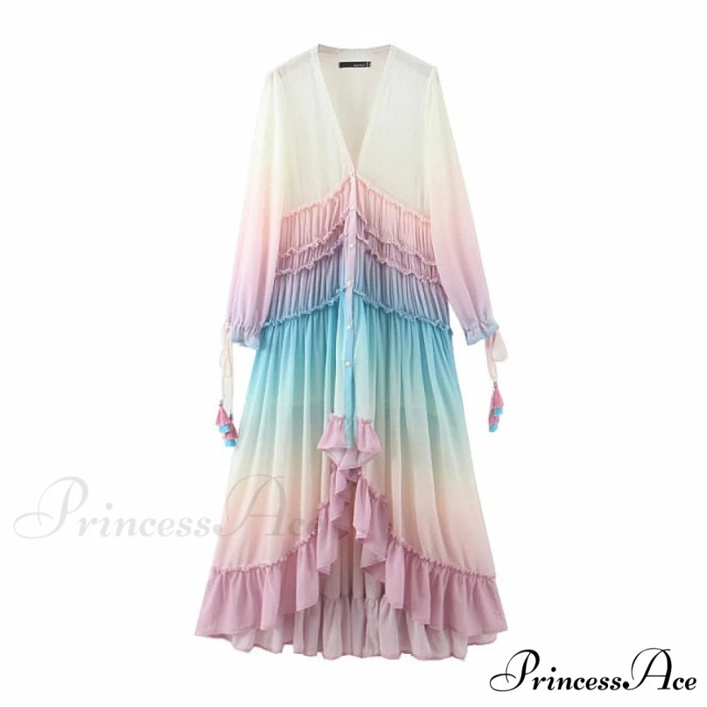 Bohemian Printing Gradient Elegant Maxi Dress brown / S