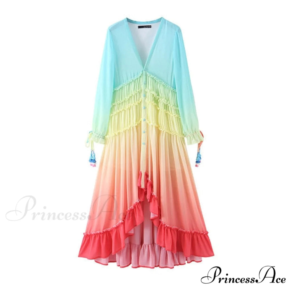 Bohemian Printing Gradient Elegant Maxi Dress rainbow / S
