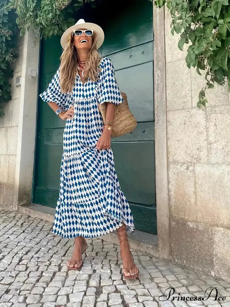 Bohemian Puff Gown Loose Coastal - Full-Length Arm Long Blue