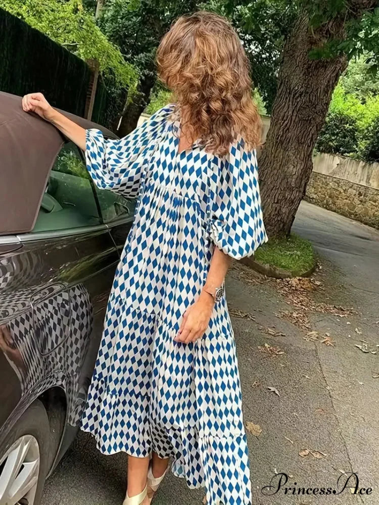 Bohemian Puff Gown Loose Coastal - Full-Length Arm Long Blue