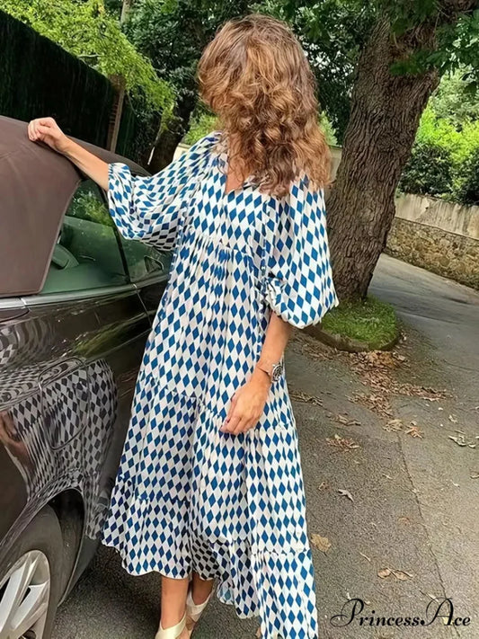 Bohemian Puff Gown Loose Coastal - Full-Length Arm Long Blue