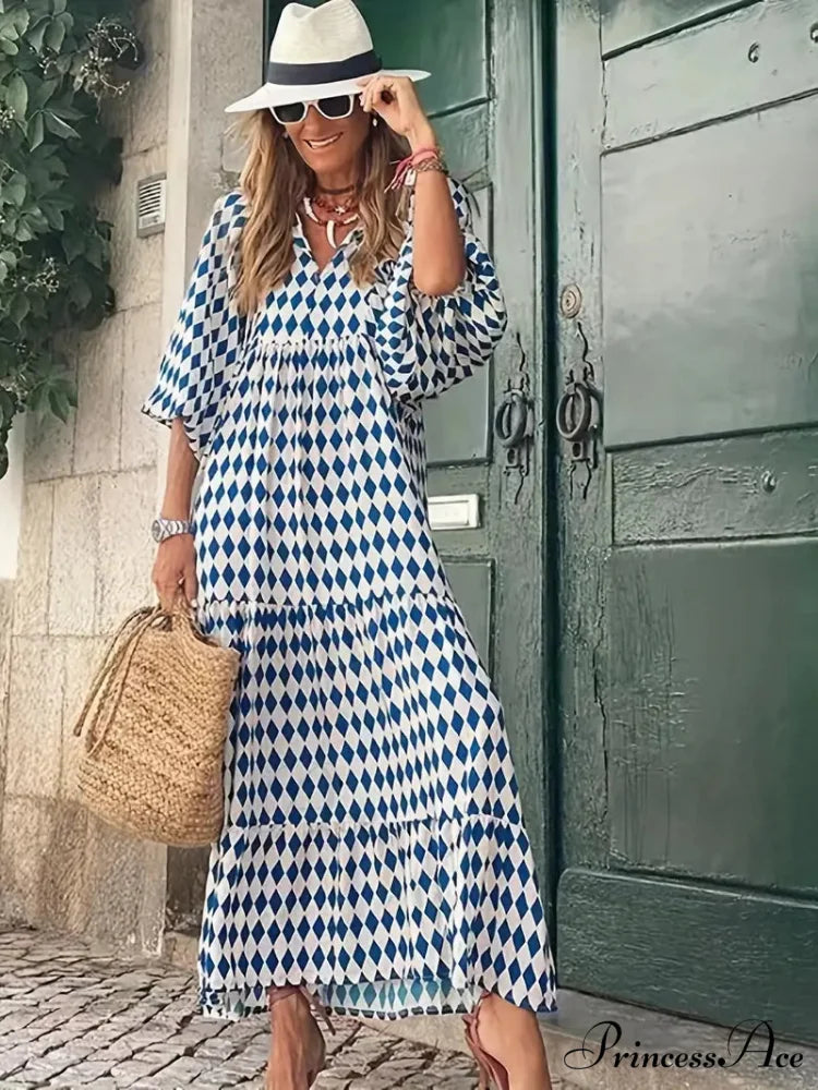 Bohemian Puff Gown Loose Coastal - Full-Length Arm Long Blue
