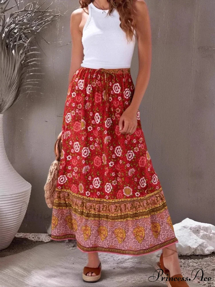 Bohemian Retro Flower Fringe Beach Bohemian High Waist Maxi Skirt Red / S skirt-250126