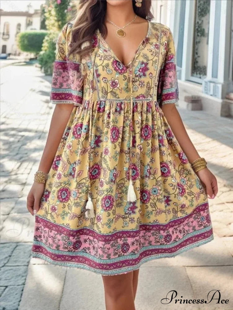 Bohemian Seaside Flower Pattern Short Flower Dress apricot / S oldfloraldress-250126