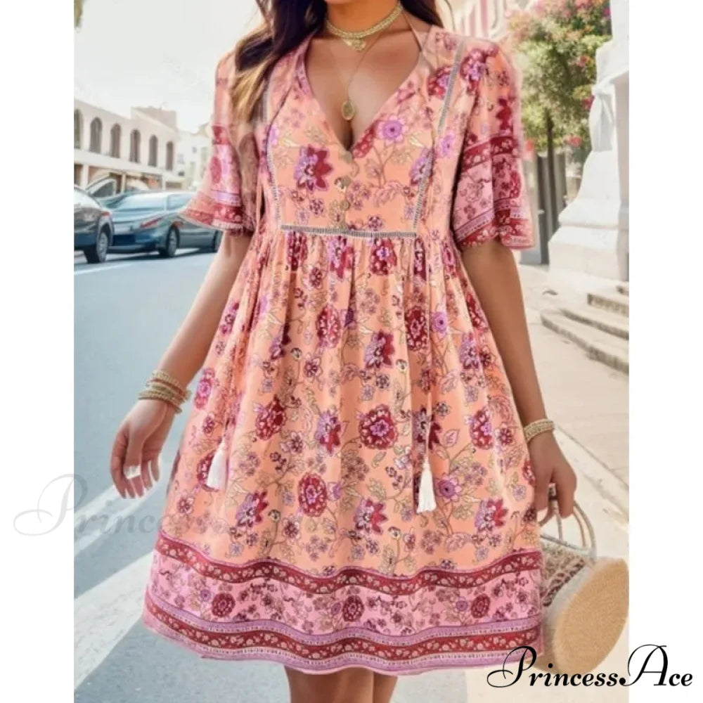 Bohemian Seaside Flower Pattern Short Flower Dress oldfloraldress-250126