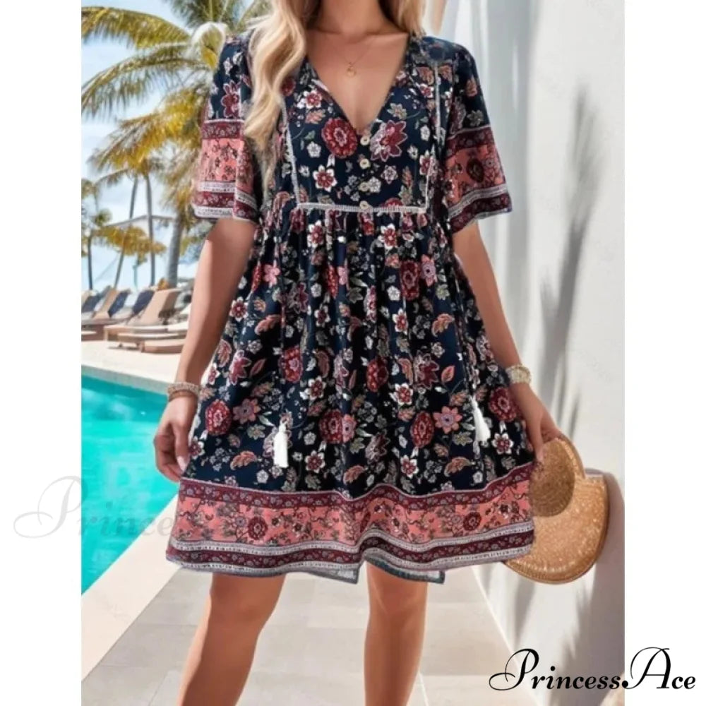 Bohemian Seaside Flower Pattern Short Flower Dress oldfloraldress-250126