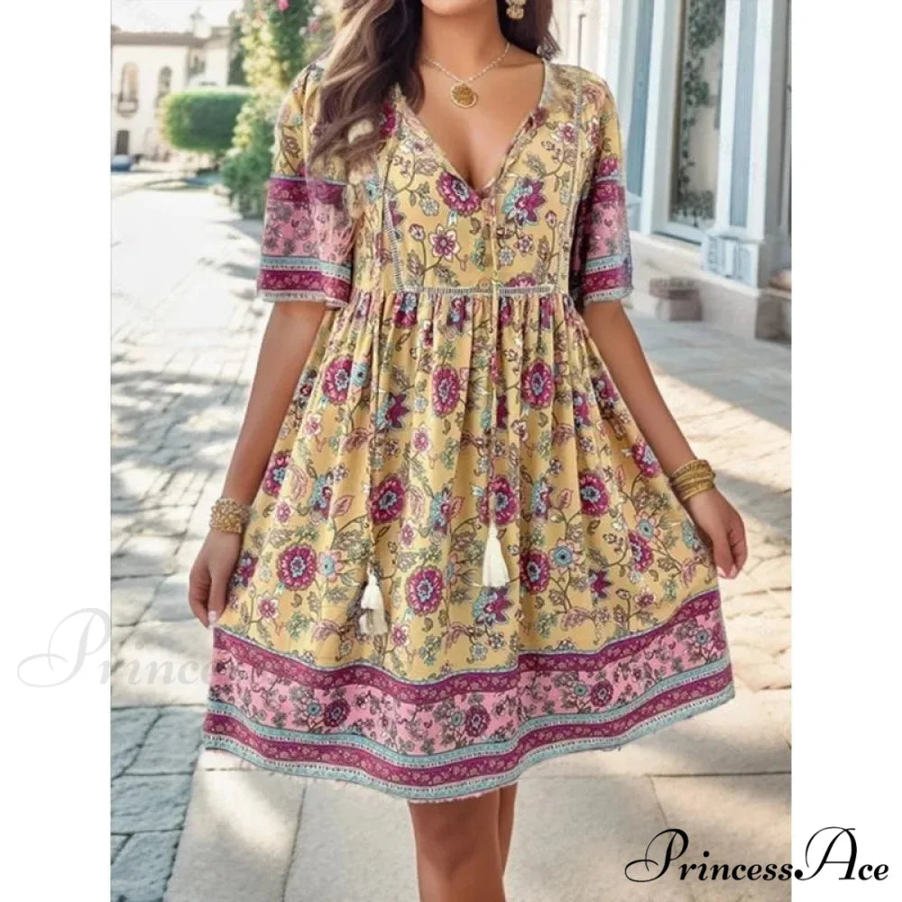 Bohemian Seaside Flower Pattern Short Flower Dress oldfloraldress-250126