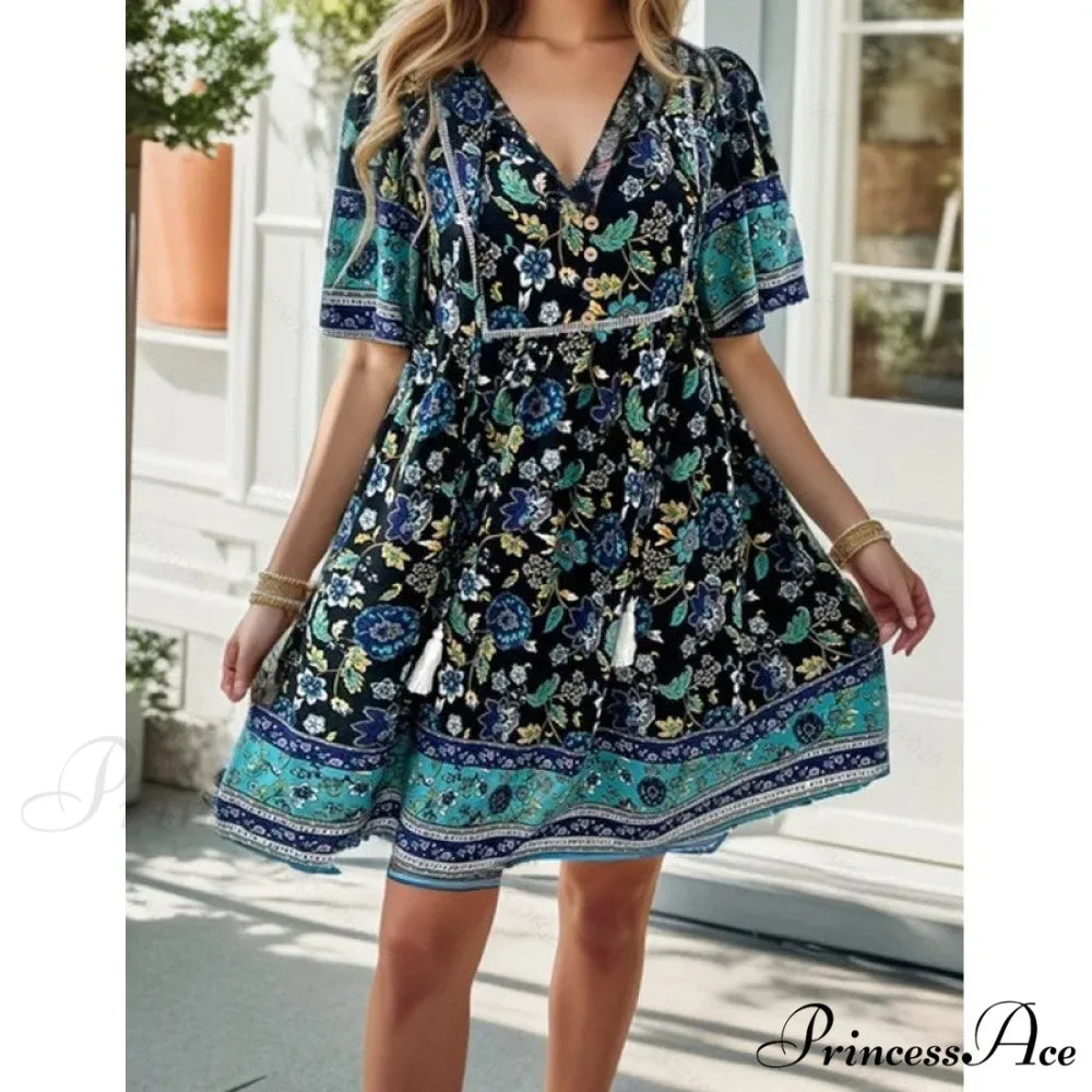 Bohemian Seaside Flower Pattern Short Flower Dress oldfloraldress-250126