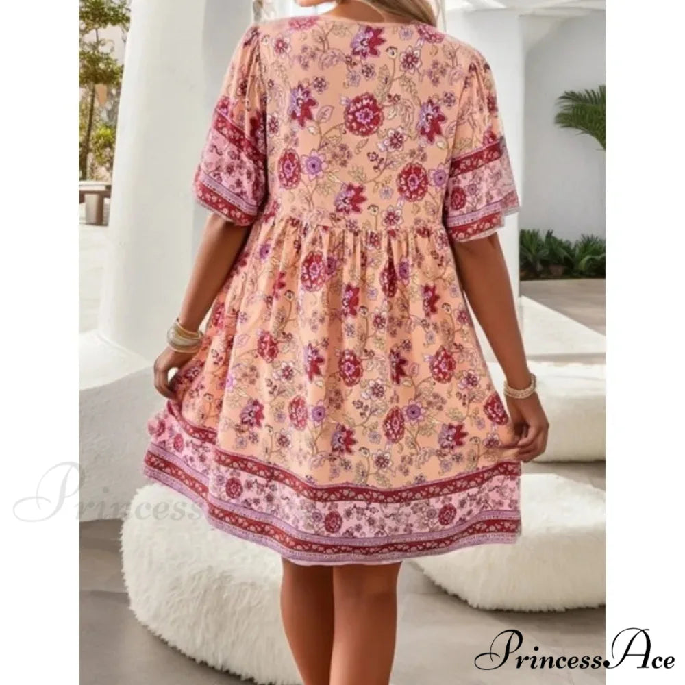 Bohemian Seaside Flower Pattern Short Flower Dress oldfloraldress-250126