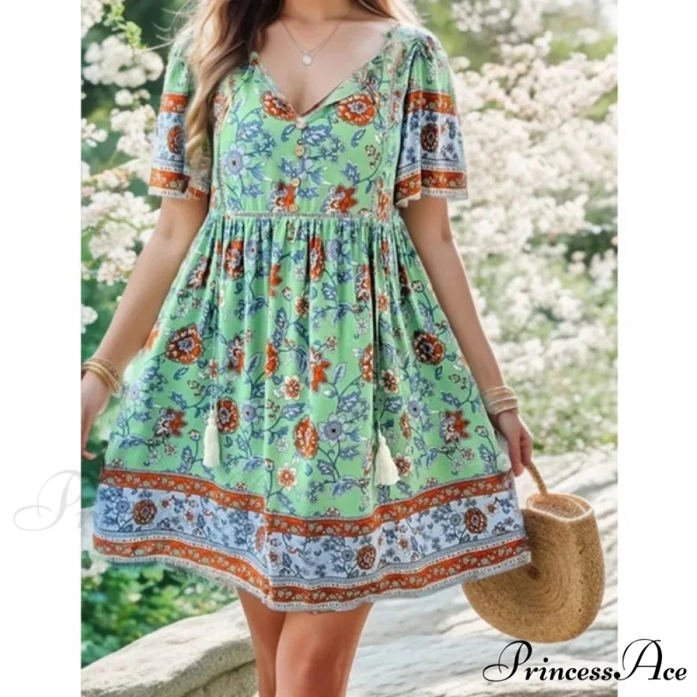 Bohemian Seaside Flower Pattern Short Flower Dress oldfloraldress-250126