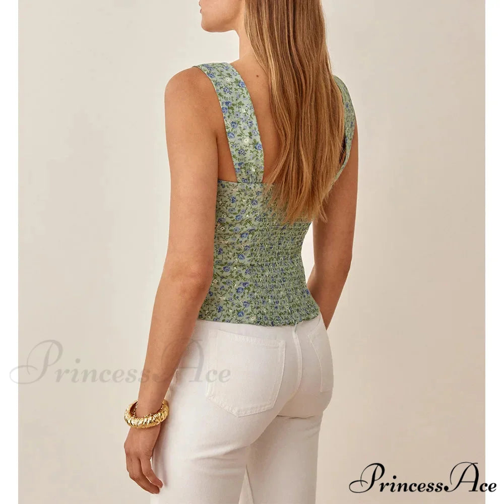 Bohemian Seaside Holiday Flowery Sweetheart Broad Strap Sleeveless Slim Cropped Top croptop-250126