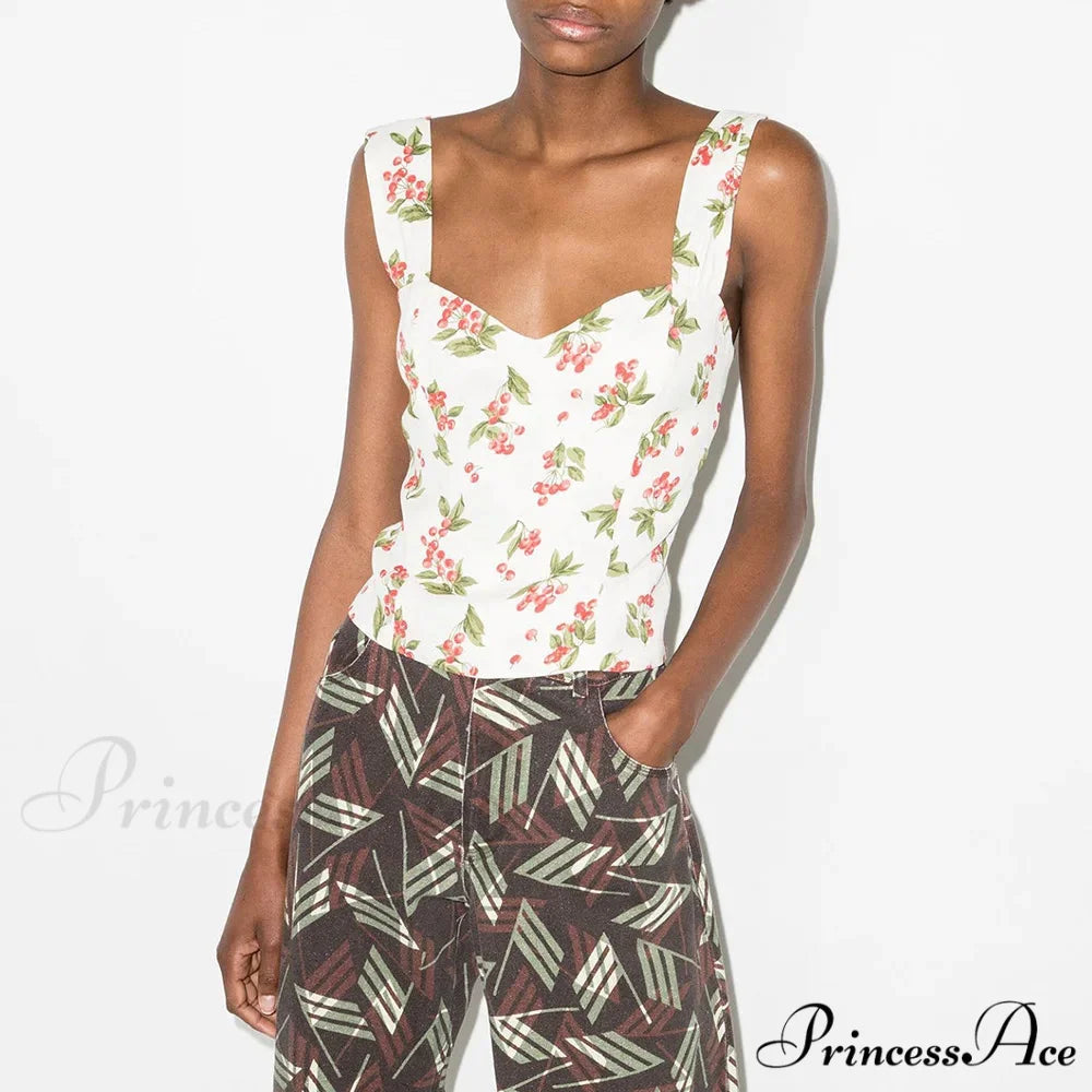 Bohemian Seaside Holiday Flowery Sweetheart Broad Strap Sleeveless Slim Cropped Top WHITE / S croptop-250126