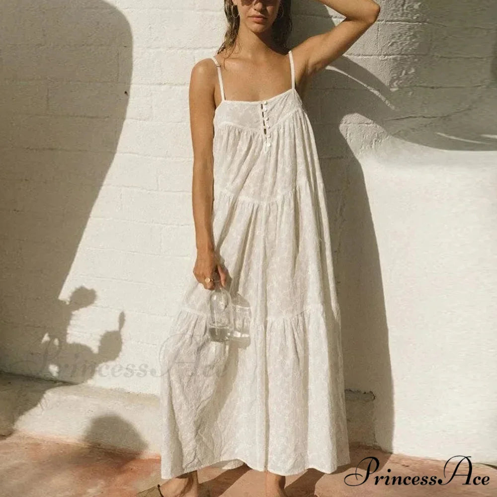 Bohemian Seaside Ivory Cotton Lace A-line Dress WHITE / S bohodress-250126