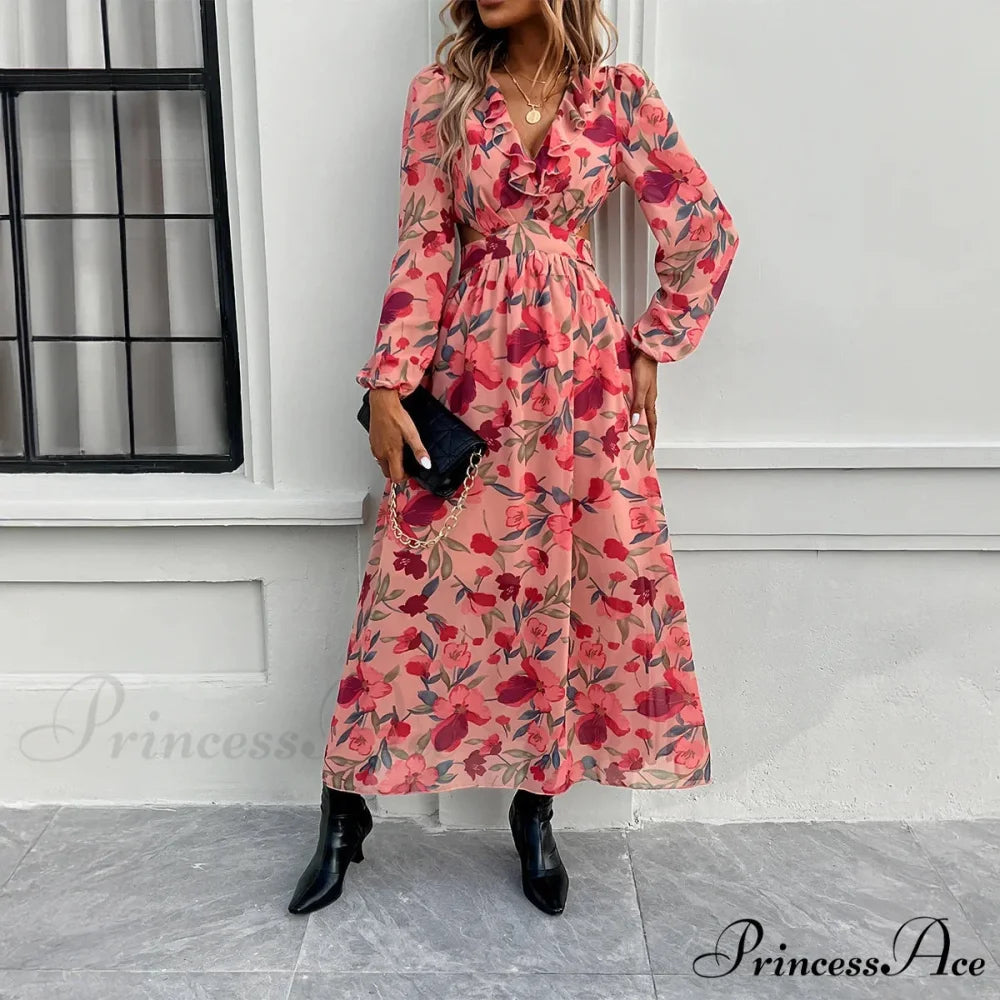 Bohemian Seaside Plunging Neckline Full Length Dress Pink / S bohodress-250126
