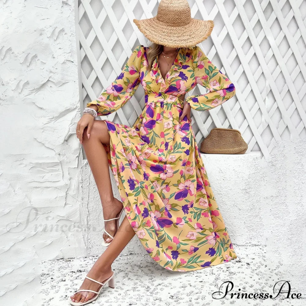 Bohemian Seaside Plunging Neckline Full Length Dress Yellow / S bohodress-250126