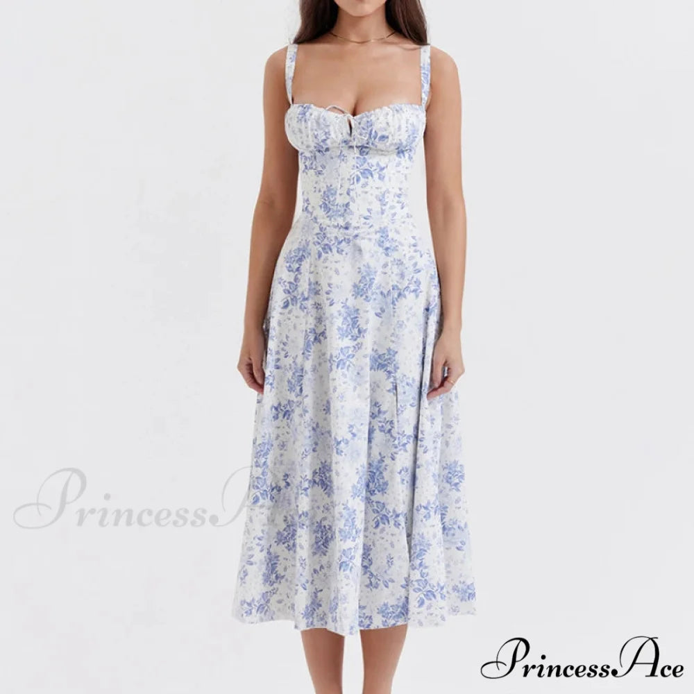 Bohemian Spaghetti Straps Knot Front Floral Dress Blue Floral / S