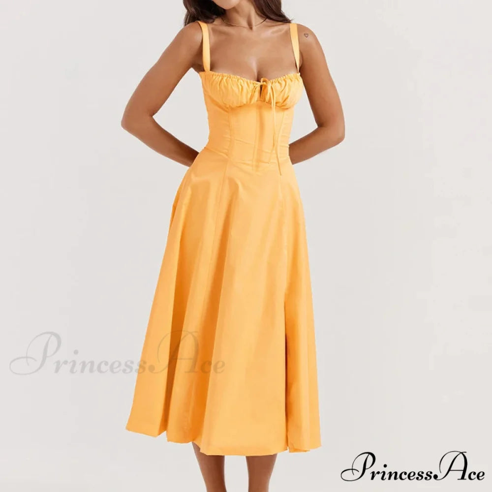 Bohemian Spaghetti Straps Knot Front Floral Dress Orange / S