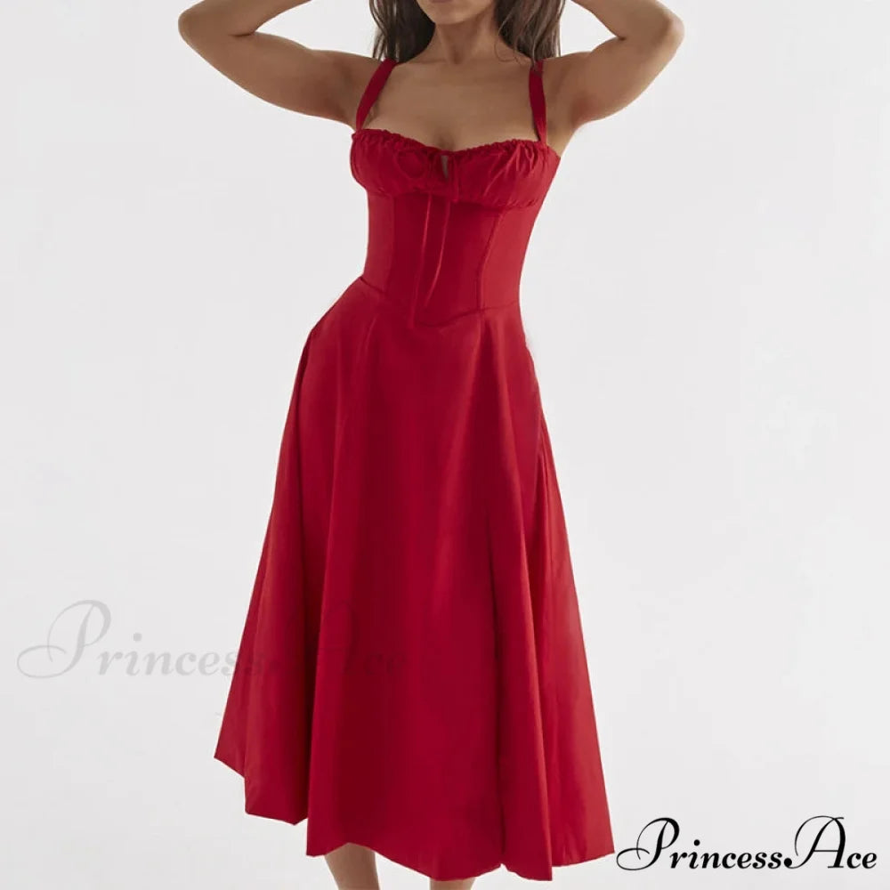 Bohemian Spaghetti Straps Knot Front Floral Dress Red / S