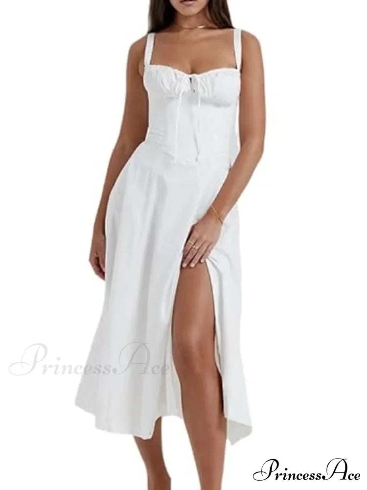 Bohemian Spaghetti Straps Knot Front Floral Dress White / S