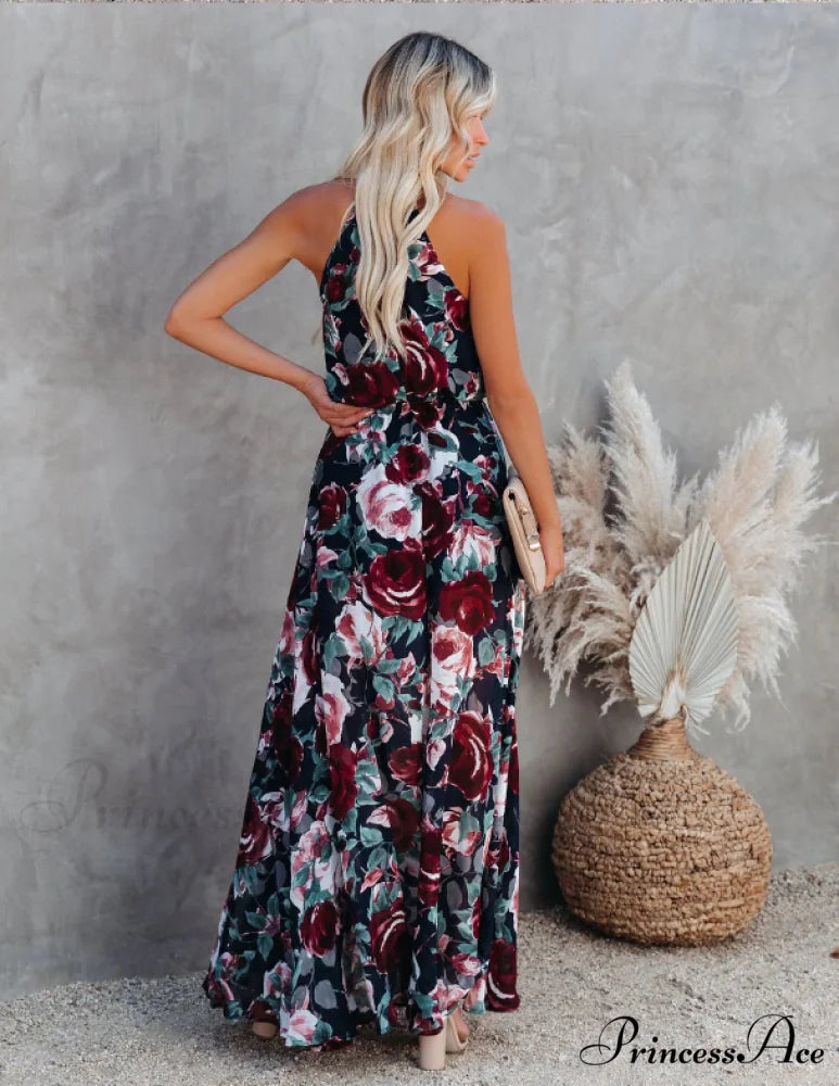 Bohemian Split Women Halter Gown Warm-Season Design Coastal Sleeveless Full-Length Dress