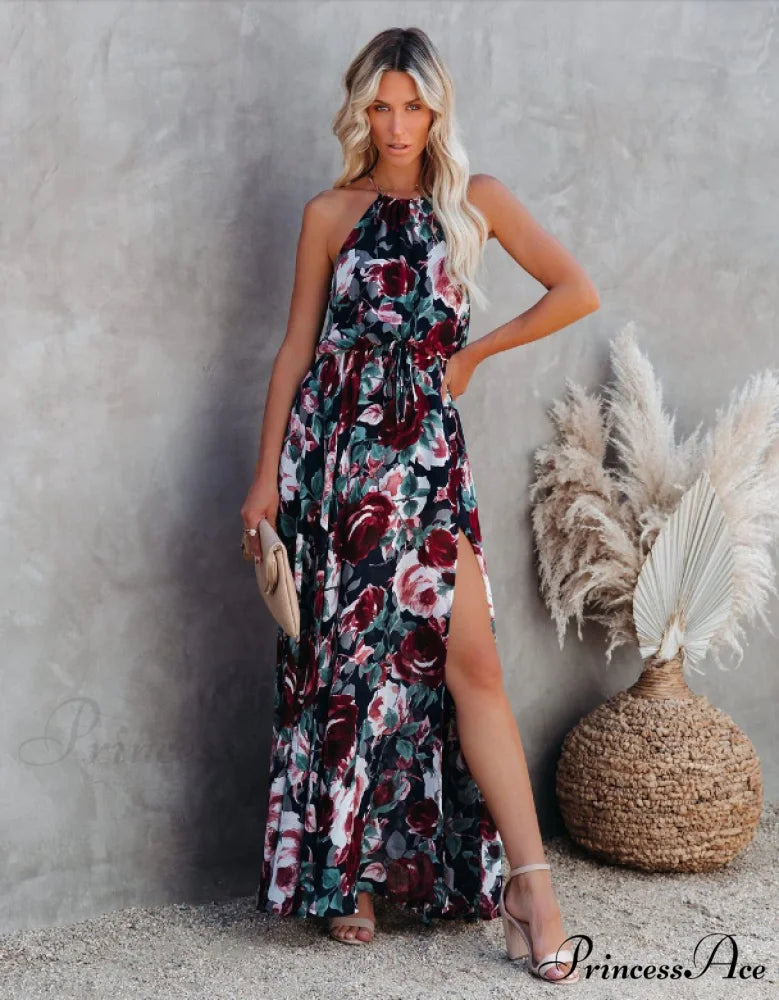Bohemian Split Women Halter Gown Warm-Season Design Coastal Sleeveless Full-Length Dress