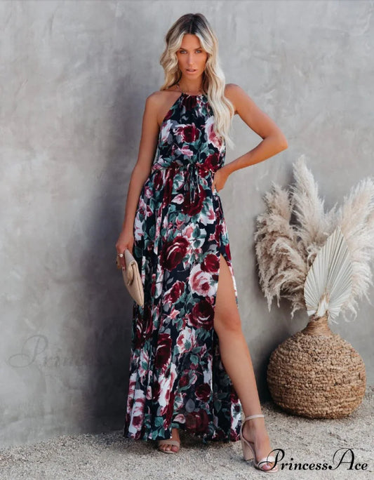 Bohemian Split Women Halter Gown Warm-Season Design Coastal Sleeveless Full-Length Dress