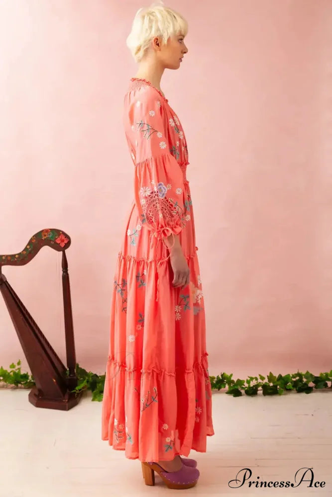 Bohemian Stitched Flower Plunging Neckline High Waisted Dress bohodress-250126