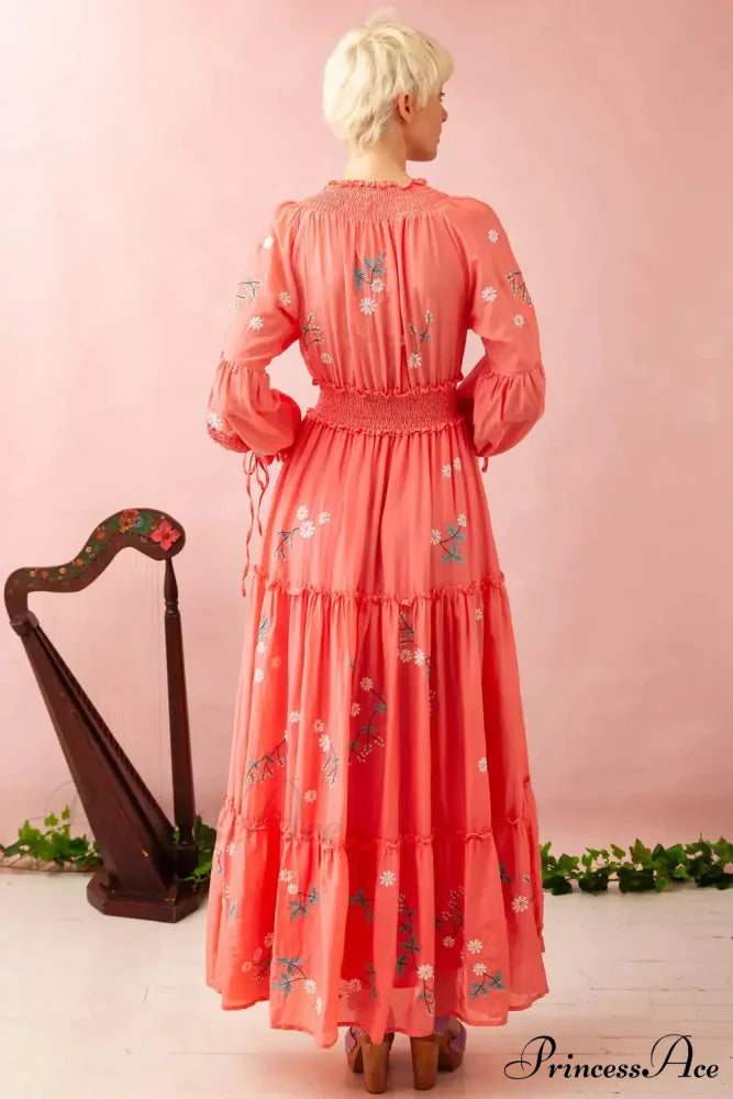 Bohemian Stitched Flower Plunging Neckline High Waisted Dress bohodress-250126