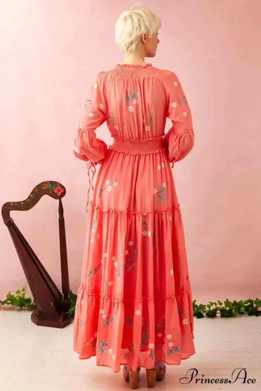 Bohemian Stitched Flower Plunging Neckline High Waisted Dress bohodress-250126