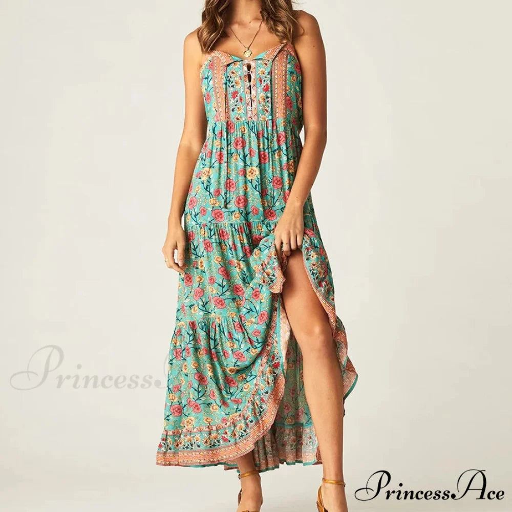 Bohemian Strap Dresses Nomadic Sleeveless Rayon Floral Print Maxi Dress bohodress-250126