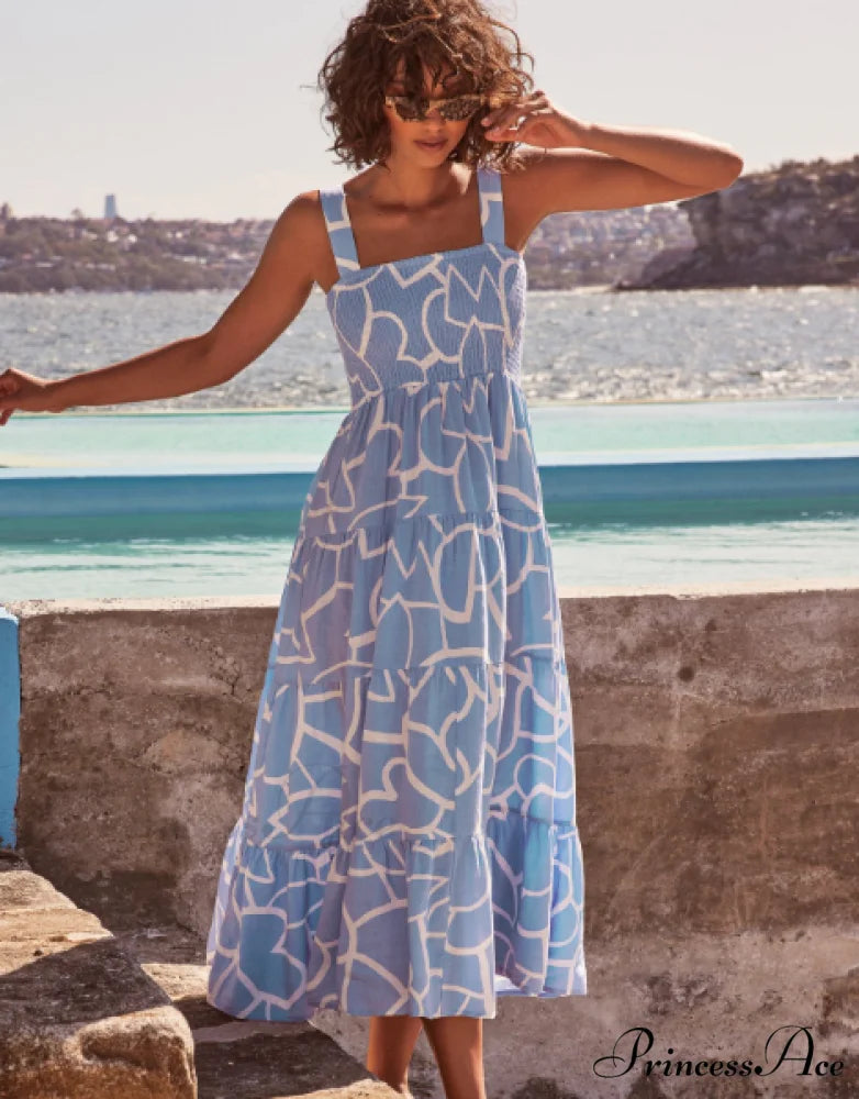 Bohemian Strapless Women Summer A-Line Print Beach Long Dress L / BLUE