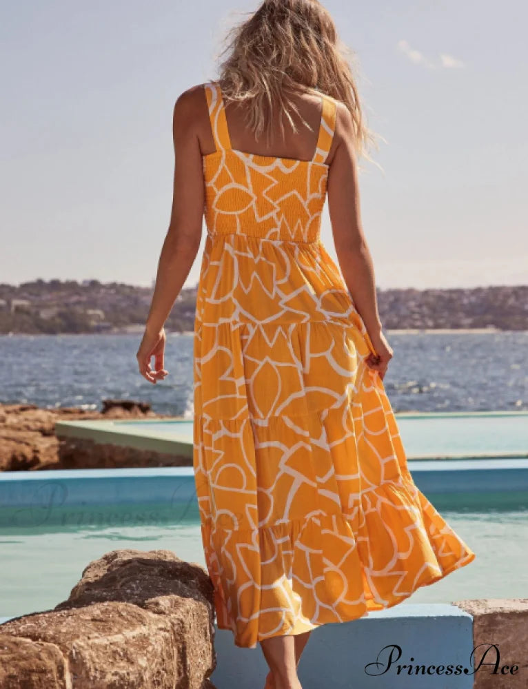 Bohemian Strapless Women Summer A-Line Print Beach Long Dress M / ORANGE