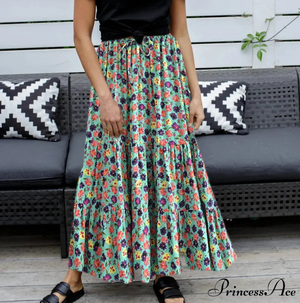 Bohemian Style Ladies Beach Red Floral A-Line Boho Skirt Green / S skirt-250126