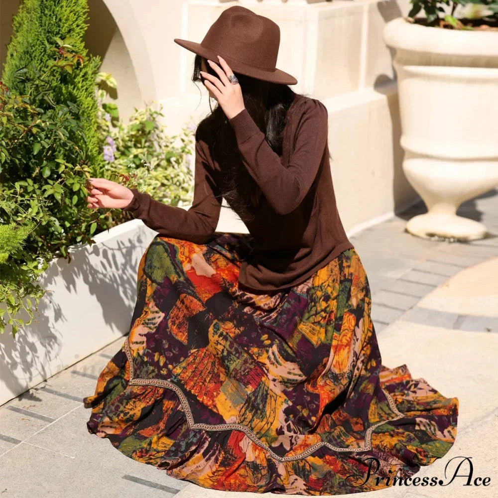 Bohemian Style Long Skirts Artwork Printing Pattern Romantic Antique A-line skirt-250126