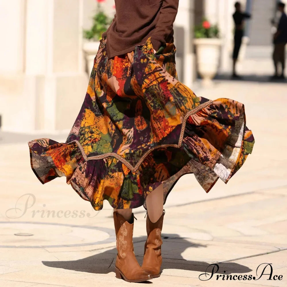 Bohemian Style Long Skirts Artwork Printing Pattern Romantic Antique A-line skirt-250126